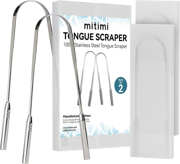 Mitimi Tongue Scraper with Case - 2 Pack, Fights Bad Breath, 100% Stainless Steel